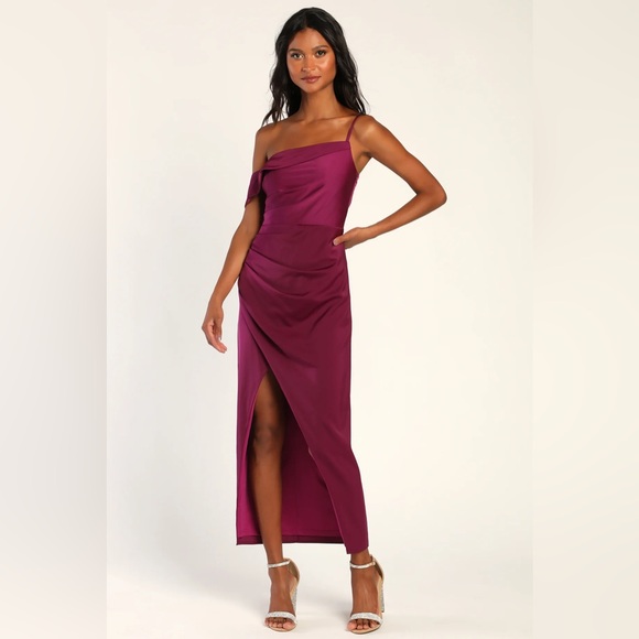 Lulu's Showing Off a Little Magenta Pink Asymmetrical Satin Tulip Midi Dress XL - Picture 1 of 10